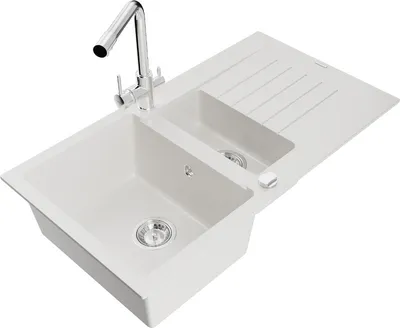 Produktbild von Mexen Matias 1,5-Becken-Granitspüle mit Abtropffläche und Mischbatterie Duero, Weiß - 6502-20-671600-00