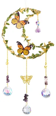 Kristall-Sonnenfänger Mondform mit Schmetterlingen, 34 cm