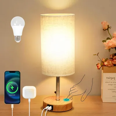 Image de Lampe de chevet avec port USB - Lampe de table à intensité variable - Crée une ambiance chaleureuse - Contrôle tactile - Dimensions : 14 x 39 cm - Couleur : beige naturel