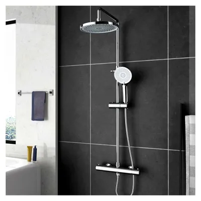 Produktbild von Duschsystem mit Thermostat, 3 Strahlarten Duschkopf, 80-115 cm Duschstangen, Duschset mit 22 cm Rund Regendusche