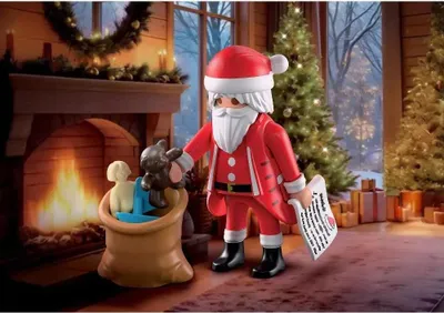 Santa Claus in a festive living room with a fireplace, Christmas tree, and gifts.