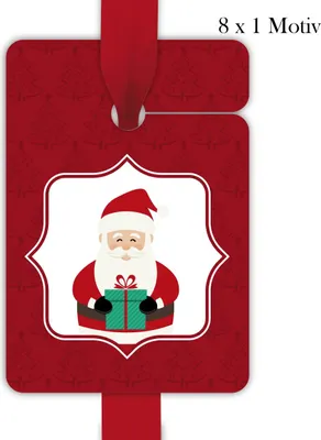 Produktbild von 8 klassische rote Weihnachts Geschenkanhänger zu Weihnachten mit süßem Weihnachtsmann und Geschenk