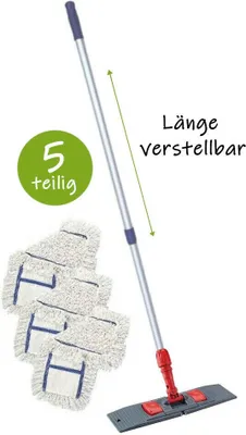 Produktbild von Profi Wischset 5tlg Wischmopp Bodenwischer mit Klapphalter, Teleskopstiel + 3x Baumwollbezug 50cm