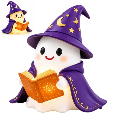 Produktbild von Halloween Lampe Geist mit Buch, LED Nachtlicht als Geisterlampe, dekorative Figur für Kinderzimmer, Schlafzimmer, Halloween Deko und Geschenk