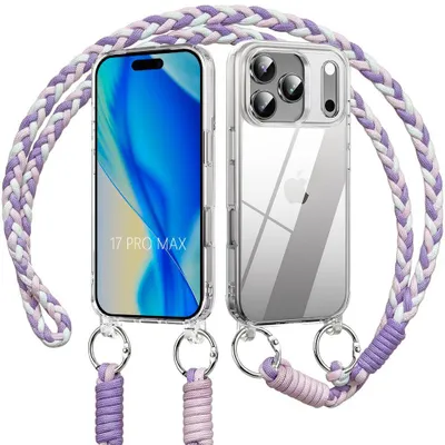 Image de Coque pour iPhone 17 Pro Max, Protection Antichoc Transparent avec Bandoulière Blanc Violet