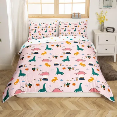 Immagine prodotto di Set di lenzuola 135x200 cm, rosa, con dinosauri, include 1 federa 80x80 cm, in microfibra