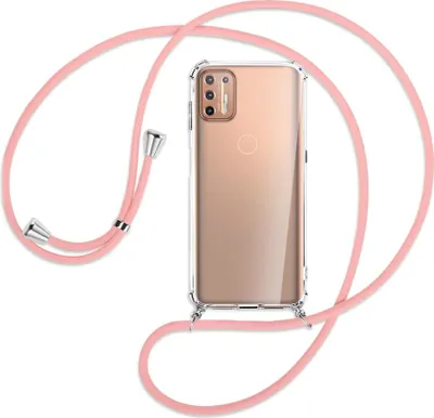 Produktbild von Handykette Backcover-Schutzhülle mit Band (Metall silberfarben) für Motorola Moto G9 Plus - rosa