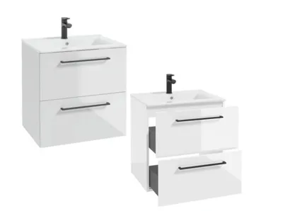 Produktbild von Badmöbel Set Hängeschrank mit Waschbecken Weiß Hochglanz 60cm 2 Schubladen Soft-Close Schwarz Griffe Keramik Waschtisch Komplett
