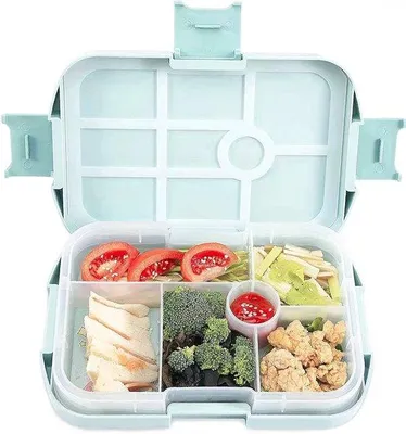Zdjęcie produktu dla Ibenzoa® – pojemnik na lunch dla dzieci, szczelny, z 6 przegródkami, w kolorze niebieskim, o wymiarach 24,5 x 16 x 4,7 cm, idealny do szkoły i przedszkola