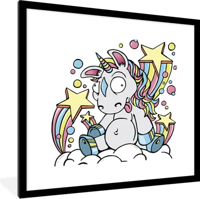 Produktbild von MuchoWow® Gerahmtes Poster Eine Illustration eines weißen Einhorns auf einer Wolke - Mädchen - Kinder - Kinder 40x40 cm - Poster mit Schwarzem Bilderrahmen Wandposter Rahmen Foto Bilder - Poster - Plakat im Rahmen