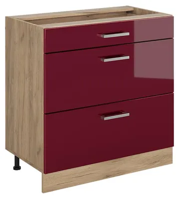 Imagen del producto de Mueble bajo de cocina Vicco R-Line Rojo de alto brillo/Roble dorado 80 cm con 3 cajones sin encimera, Model 72447