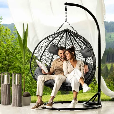 Produktbild von di volio Polyrattan Hängesessel mit Gestell FOGGIO Hängekorb Hängeschaukel Schwarz-Grau