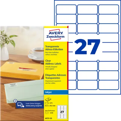 Produktbild von Avery Zweckform J4721-25, Adress-Etiketten, A4, 63,5 x 29,6 mm, 675 Etiketten / 25 Bögen, transparent