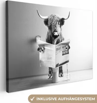 Produktbild von MuchoWow® - Leinwandbilder - Schottischer Highlander - WC - Zeitung - Lustig - Tier, Wandbild, Wanddeko Bilder Wohnzimmer, 120x90cm