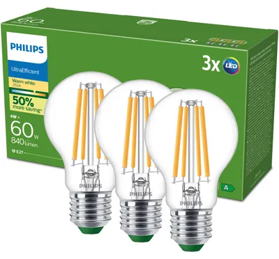 Zdjęcie produktu dla Philips Przezroczysta żarówka filamentowa 60 W A60 E27 x 3, 4 W, 60 W, E27, 840 lm, 50000 h, Ciepłe białe