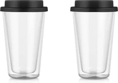 Productafbeelding van Geïsoleerde, dubbelwandige glazen beker voor onderweg, 350 ml - Herbruikbaar, transparant reischebeker - Geïsoleerde, dubbelwandige glazen beker voor koffie en melk