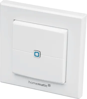 A white Homematic IP wall switch with a blue indicator light.