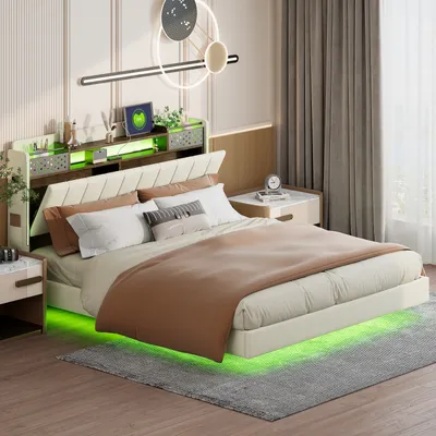 Zdjęcie produktu dla Łóżko tapicerowane Fortuna Lai 140x200cm podwójne łóżko z USB i Led, łóżko pływające z listwową ramą i zagłówkiem, łóżko do przechowywania, funkcjonalne łóżko, pościel, beżowe