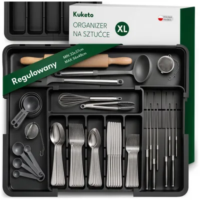 Produktbild von Kuketo | Verstellbarer Besteckkasten 33–56 cm Schwarz – Ausziehbarer Schubladeneinsatz XL Mit Messerhalter, KI-generiertes Bild