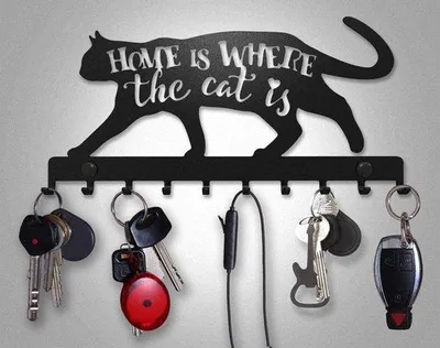 Produktbild von Dekorativer Schlüsselhalter aus Metall, Schwarz, mit 10 Haken und 'Zuhause ist, wo die Katze ist' Design