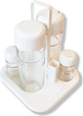 Produktbild von 6 teiliger Gewürzständer Menage Salz, Pfeffer, Öl, Essig, Zahnstocher aus Glas