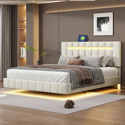 Produktbild von ProximaX Polsterbett 160x200 cm – Doppelbett mit LED, USB & schwebendem Rahmen – höhenverstellbar Kopfteil, Jugendbett – Leinen – Beige
