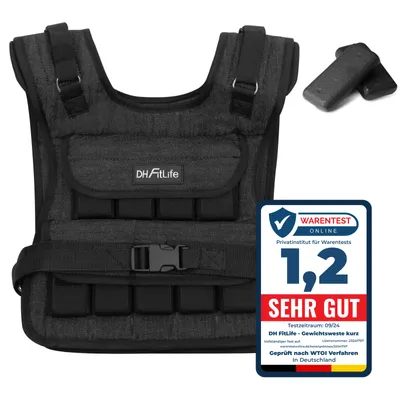 A black weighted vest with weights shown next to it, and a test certificate overlay.