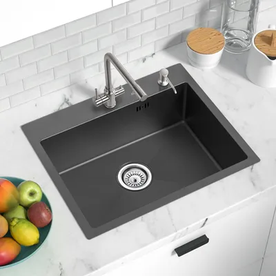 Produktbild von Auralum Küchenspüle Edelstahl Schwarzgrau 55x45 cm Einbau Rechteckig für 60 cm Unterschrank 1 Becken Nanobeschichtung X-Ablenkungsdesign inkl. Ablaufgarnitur