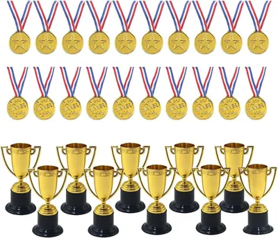 Zdjęcie produktu dla Trofea (20 sztuk) - Mini-trofea/puchary - Medale - Wytrzymały plastik - Złote wykończenie - Kompaktowy rozmiar - Nagrody