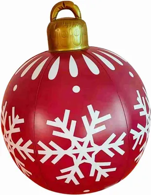 A large, inflatable red Christmas ornament with white snowflake and dot patterns, and a gold cap with a loop for hanging.