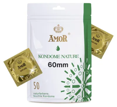 Produktbild von AMOR NATURE 60 mm Kondome 50er Pack | Premium Kondom naturfarben | gefühlsecht hauchzart | 0,07 mm Wandstärke