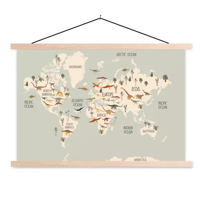 Obrázek produktu pro MuchoWow® Textilní plakát - Mapa světa pro děti - Dino's - Děti - Chlapci - Dívky - Děti - 60x40cm - S hnědými lamelami