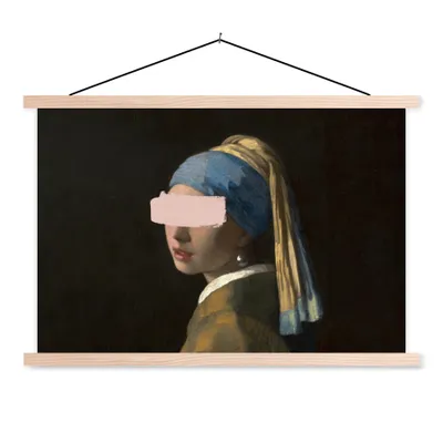 Produktbild von MuchoWow® Textilposter Mädchen mit Perlenohrring - Vermeer - Gemälde 120x80 cm mit holzfarbenen Rahmen - Aufhängeset