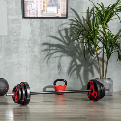 Produktbild von SUGIFT Langhantel-Set 20 kg, Säulenhantelset, Metall Kunststoff, Schwarz+Rot | 6 Hantelscheiben | einteilige Stange | rutschfest