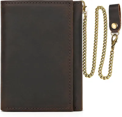 Imagen del producto de Billetera de cuero para hombre, plegada tres veces, de 8x11 cm, con 14 compartimentos y cadena para una mejor organización