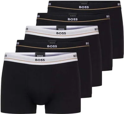 A stack of five black boxer shorts with branded waistbands.