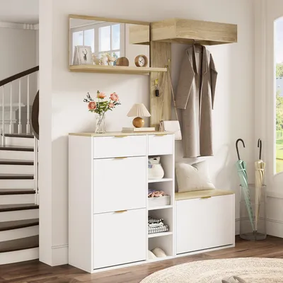 Productafbeelding van Flieks, 4-delige garderobeset met schoenenkast, bank, wandspiegel en garderobetafel. Complete wandgarderobe, set voor de hal, wit + naturel