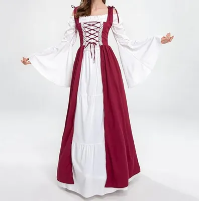 Produktbild von Damen Mittelalterliche Kleid mit Trompetenärmel Mittelalter Party Kostüm Maxikleid, Rot, XL