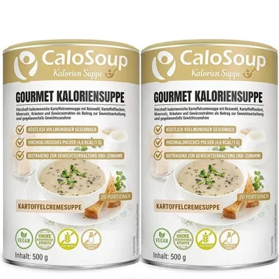 Produktbild von CaloSoup Hochkalorische Suppe, Kartoffelcreme, 2er Pack, 20 Portionen | Für Gewichtszunahme, hochkalorische Nahrung, Gourmet-Fertigsuppe á500g