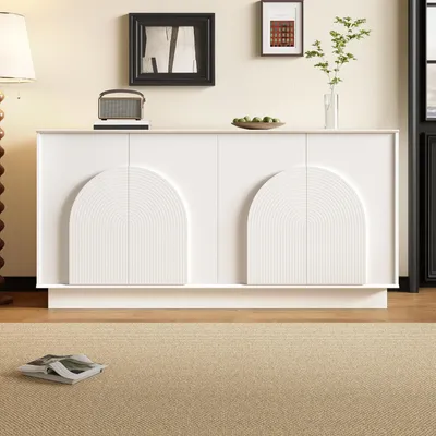 Produktbild von Sideboard - 160x38x80 cm, Weiß matt - Gewölbte Türpaneele als Griff - 4 Türen - Vielseitiger Stauraum
