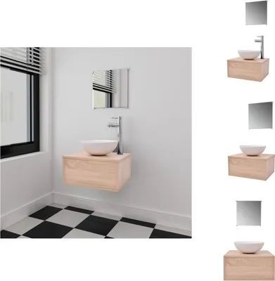 Produktbild von vidaXL 4-tlg. Badmöbel-Set mit Waschbecken und Wasserhahn Beige -  Badezimmermöbel-Sets