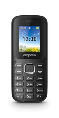 A studio shot of a black Emporia feature phone against a white background.
