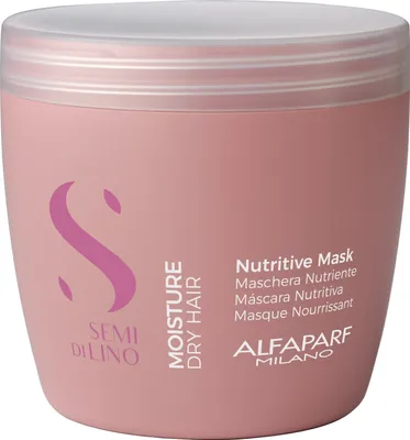 A pink tub of hair mask with text and a logo.