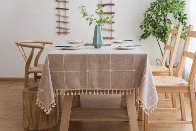 Produktbild von Quaste Tischdecke 140x140 Beige Kariert Baumwolle und Leinen Tischtuch Couchtisch Tischdecke Quadratisch Abwaschbar Küchentischabdeckung für Speisetisch (140x140,Beige)