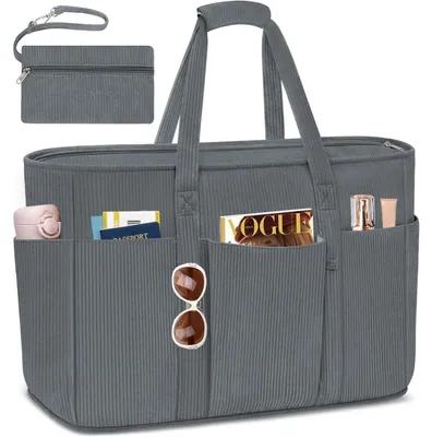 Produktbild von Große Strandtasche mit Reißverschluss 45L aus Kord Grau mit Nass-/Trockenfach und vielen Taschen