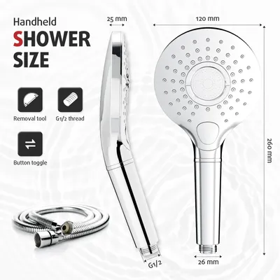 Produktbild von Rainsworth Duschkopf mit Filter Wassersparend Druckerhöhend H36807-3 Strahlarten Handbrause mit Schlauch 150cm, Duschbrause Kalkfilter, Chrom