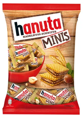Zdjęcie produktu dla Hanuta Minis indywidualnie pakowane chrupiące mini plasterki orzechów laskowych 200g