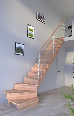 Produktbild von Holztreppe Lindos (Buche) in 1/4 gewendelter Ausführung rechts-80 cm-Design Geländer Edelstahl-mit Setzstufen