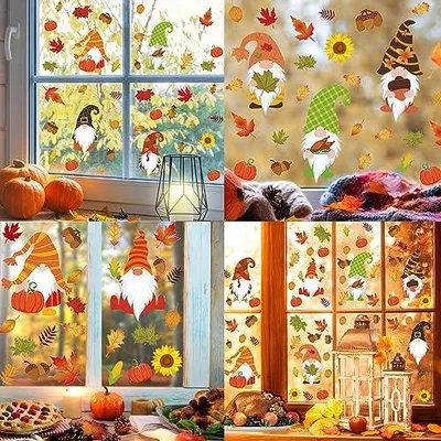 Produktbild von 8 Blatt Erntedankfest Fensterbilder Herbst, Herbstdeko Fenster Aufkleber, Thanksgiving Fenster Selbstklebend Deko, Aufkleber Ahornblatt Gnome Deko, wiederverwendbar, für Fenster Kinderzimmer