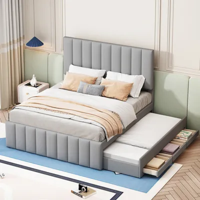 Produktbild von Polsterbett mit Gastbett, Lattenrost und Schubladen (140x200 cm), Kopfteil höhenverstellbar, Doppelbett, Leinen